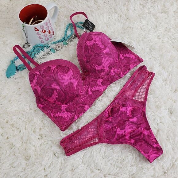 French Affair 36B Pink Floral Thong M PushUp Long Line Plunge Bra - Picture 1 of 6